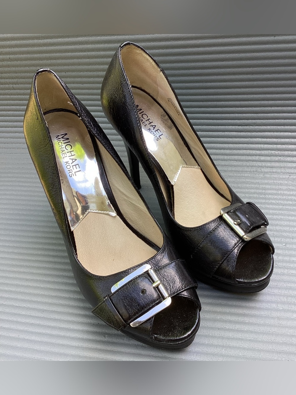 Michael Kors Black Leather Peep-Toe Heels with Buckle Detail